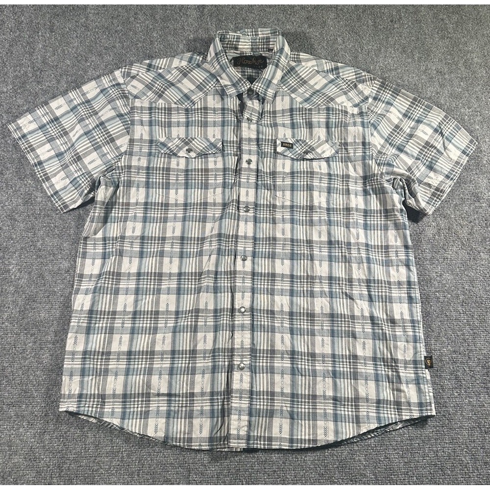 Howler Bros Mens Large Grey Blue Plaid Pearl Snap Shirt Southwestern S/S